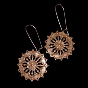 Floral Wheel Filigree Mandala Copper KATTA Handmade Earrings Big Steel Wires